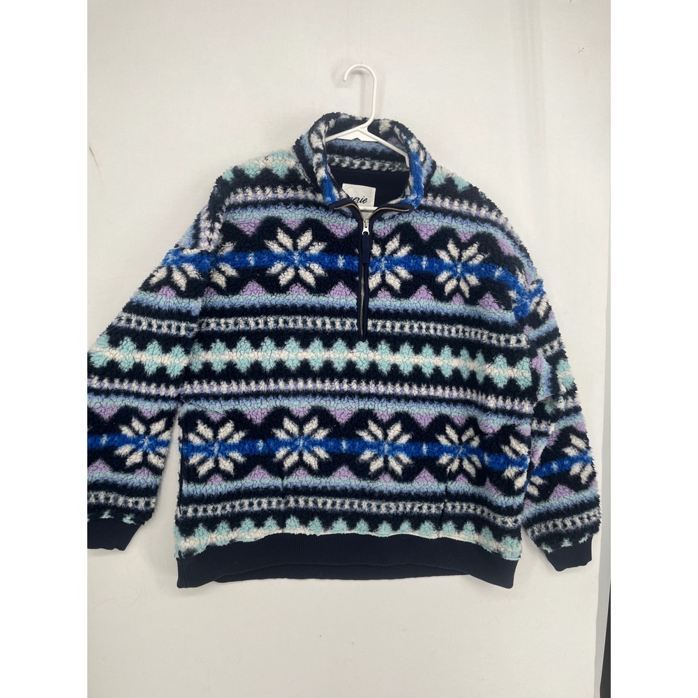 Aerie Sherpa Fleece Quarter Zip Pullover Fair Isle Snowflake Blue Purple Large